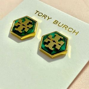 Tory Burch green and gold hexagon earrings